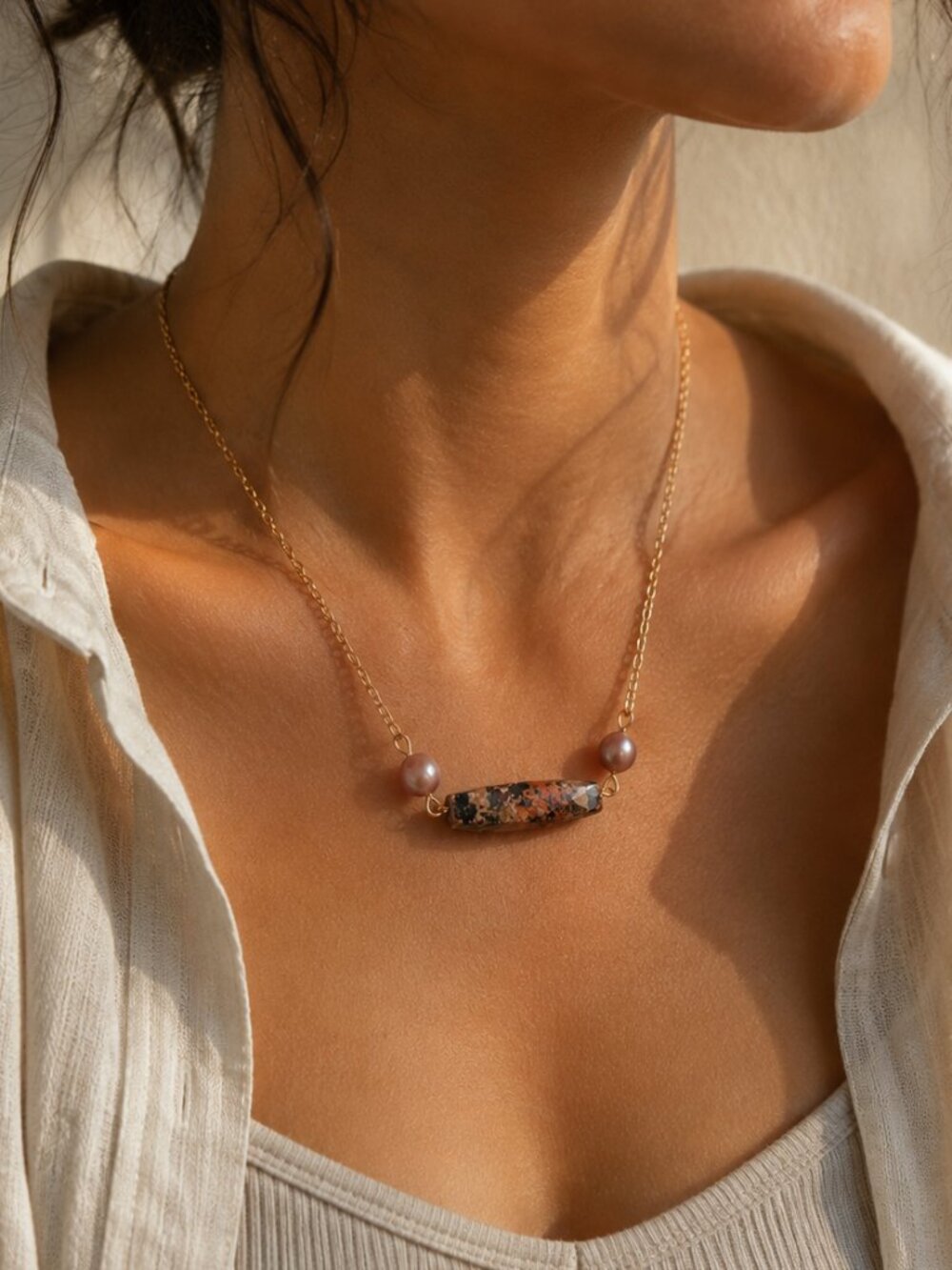 Faceted Natural Stone & Pearl Necklace – Handmade